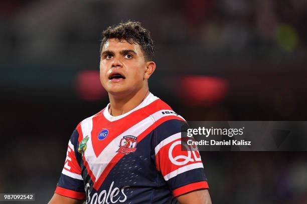 Latrell Mitchell of the Roosters looks on during the round 16 NRL match between the Sydney Roosters and the Melbourne Storm at Adelaide Oval on June...