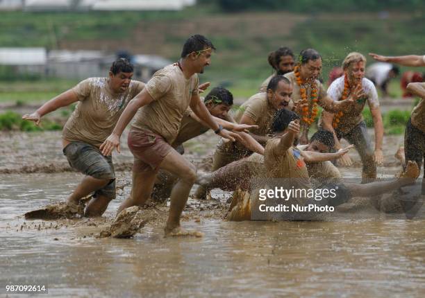 Nepalese play in the mud water at paddy field during National Paddy Day or Asar Pandra, which marks the commencement of rice crop planting in paddy...