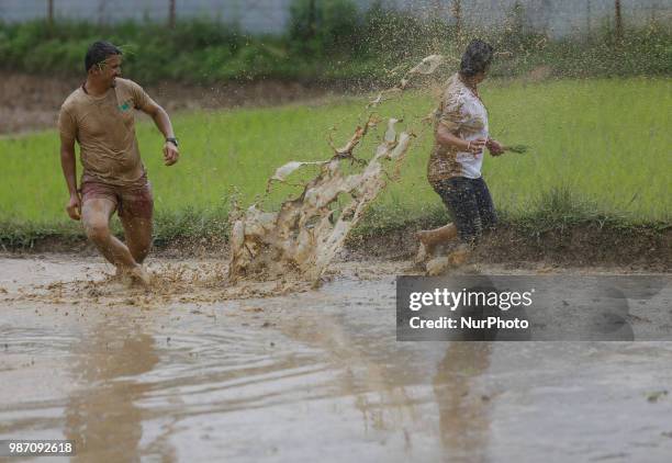 Nepalese throw mud water to each other at paddy field during National Paddy Day or Asar Pandra, which marks the commencement of rice crop planting in...