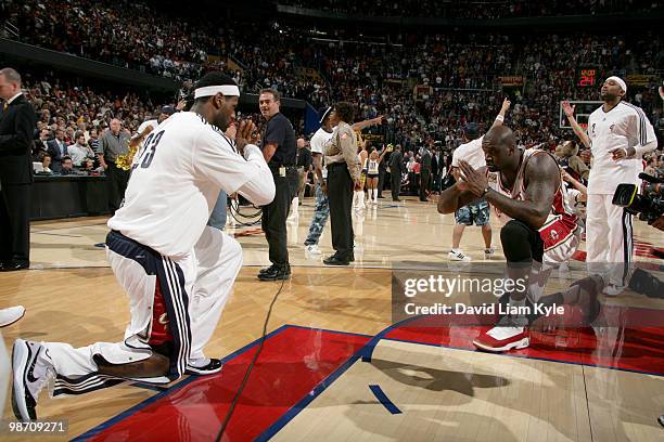 LeBron James and Shaquille O'Neal of the Cleveland Cavaliers salute each other prior to the game against the Chicago Bulls in Game Five of the...