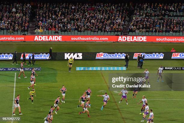 General view of play during the round 16 NRL match between the Sydney Roosters and the Melbourne Storm at Adelaide Oval on June 29, 2018 in Adelaide,...