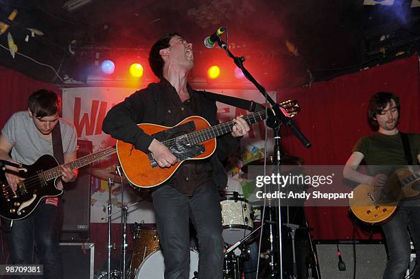 Danny Snow, Conor J. O'Brian and Tommy McLaughlin of Irish indie folk band Villagers perform on stage at Madame Jojo's on April 27, 2010 in London,...
