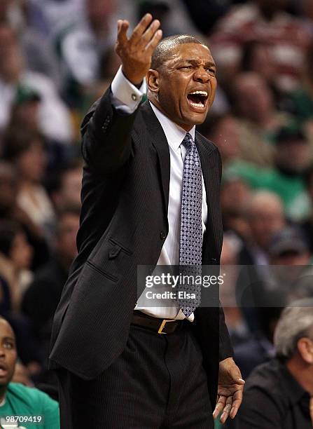 Head coach Doc Rivers of the Boston Celtics reacts after a foul is called against Ray Allen in the second half against the Miami Heat during Game...