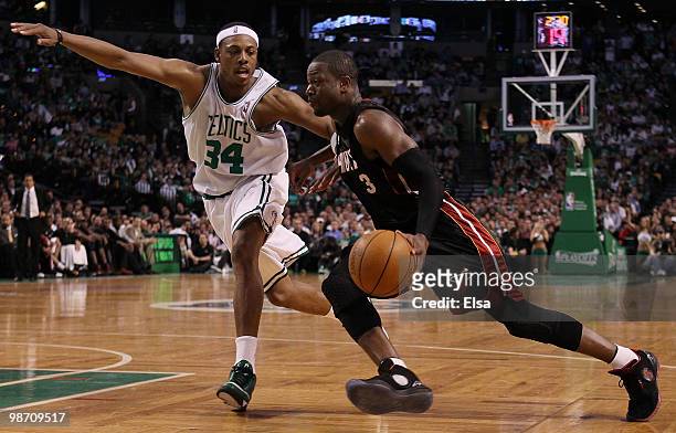 Dwyane Wade of the Miami Heat heads for the net as Paul Pierce of the Boston Celtics defends during Game Five of the Eastern Conference Quarterfinals...