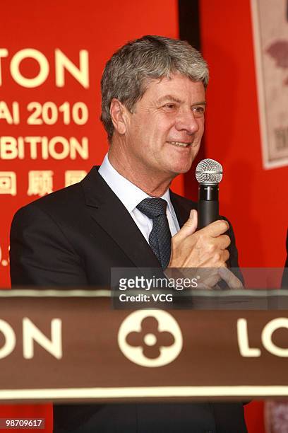 Yves Carcelle, the global CEO of Louis Vuitton speaks during the Retrospective Exhibition Opening cerenmony at Henglong square on April 27, 2010 in...