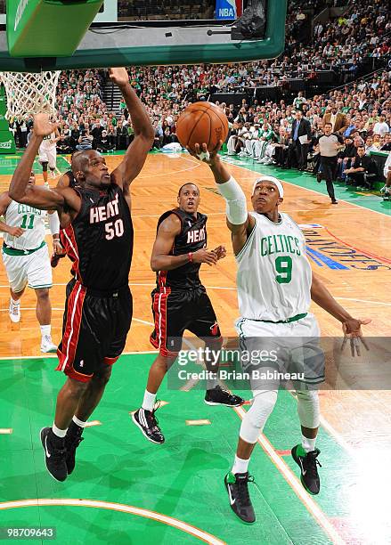 Rajon Rondo of the Boston Celtics drives to the basket against joel Anthony of the Miami Heat in Game Five of the Eastern Conference Quarterfinals...
