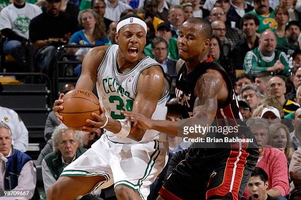 Paul Pierce of the Boston Celtics makes a move against Quentin Richardson of the Miami Heat in Game Five of the Eastern Conference Quarterfinals...