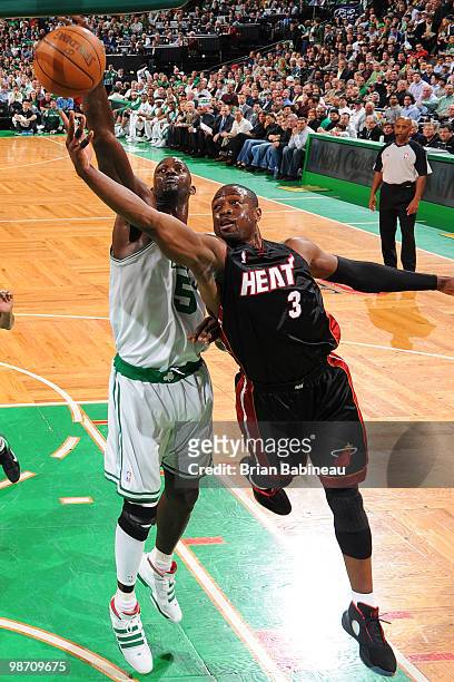 Dwyane Wade of the Miami Heat drives to the basket against Kevin Garnett of the Boston Celtics in Game Five of the Eastern Conference Quarterfinals...