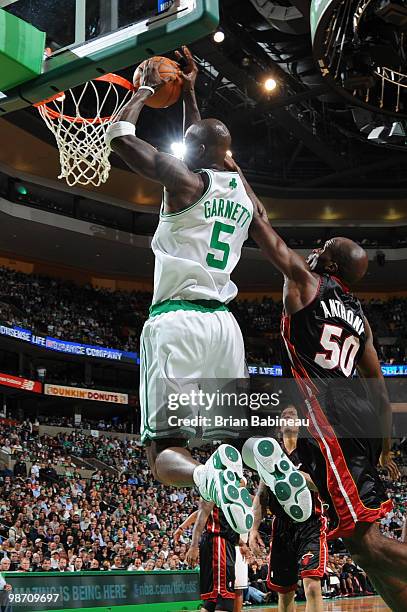 Kevin Garnett of the Boston Celtics goes up for a dunk against Joel Anthony of the Miami Heat in Game Five of the Eastern Conference Quarterfinals...
