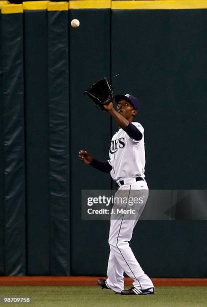 Outfielder B.J. Upton of the Tampa Bay Rays catches a fly ball against the Oakland Athletics during the game at Tropicana Field on April 27, 2010 in...