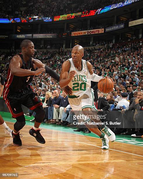 Ray Allen of the Boston Celtics drives against Dwyane Wade of the Miami Heat in Game Five of the Eastern Conference Quarterfinals during the 2010 NBA...