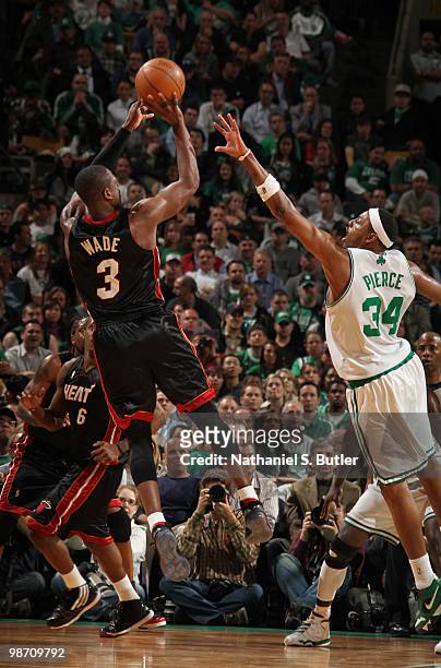 Dwyane Wade of the Miami Heat shoots against Paul Pierce of the Boston Celtics in Game Five of the Eastern Conference Quarterfinals during the 2010...