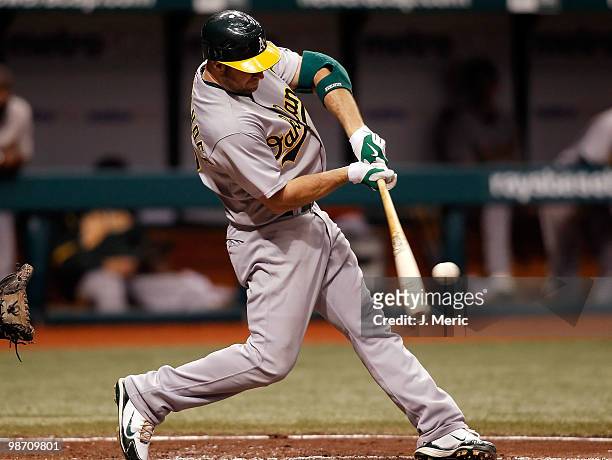Infielder Kevin Kouzmanoff of the Oakland Athletics fouls off a pitch against the Tampa Bay Rays during the game at Tropicana Field on April 27, 2010...