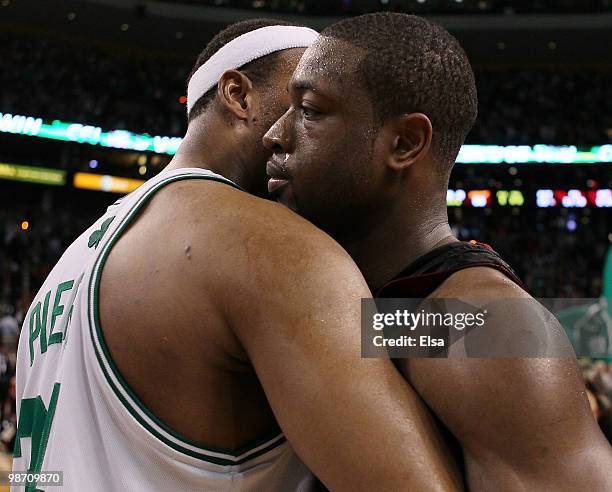 Dwyane Wade of the Miami Heat congratulates Paul Pierce of the Boston Celtics after Game Five of the Eastern Conference Quarterfinals of the 2010 NBA...