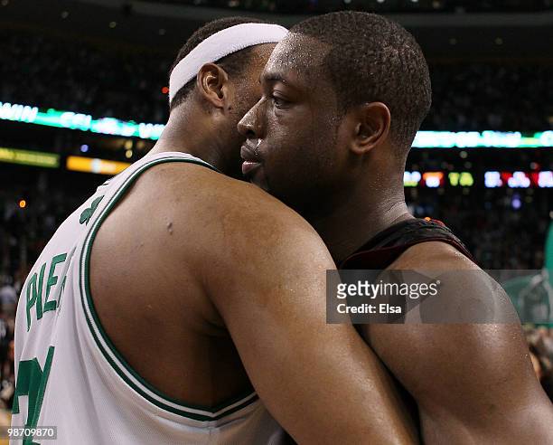 Dwyane Wade of the Miami Heat congratulates Paul Pierce of the Boston Celtics after Game Five of the Eastern Conference Quarterfinals of the 2010 NBA...