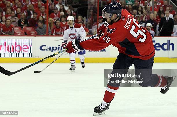 Jeff Schultz of the Washington Capitals skates against the Montreal Canadiens in Game Five of the Eastern Conference Quarterfinals during the 2010...