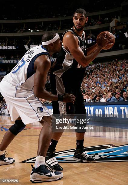 Tim Duncan of the San Antonio Spurs posts up against Brendan Haywood of the Dallas Mavericks in Game Five of the Western Conference Quarterfinals...