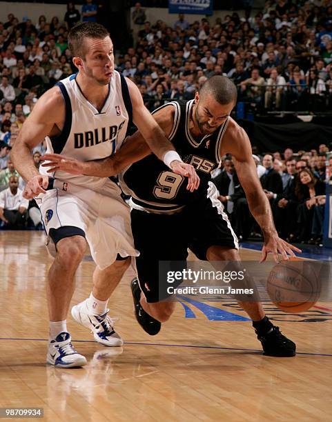 Tony Parker of the San Antonio Spurs is hounded as he comes up the court by Jose Juan Barea of the Dallas Mavericks in Game Five of the Western...