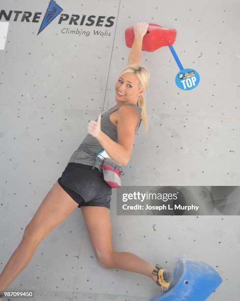 Sierra Blair-Coyle of Team USA celebrates after finishing a climb during the IFSC Climbing World Cup on June 8, 2018 in Vail, Colorado. Blair-Coyle...