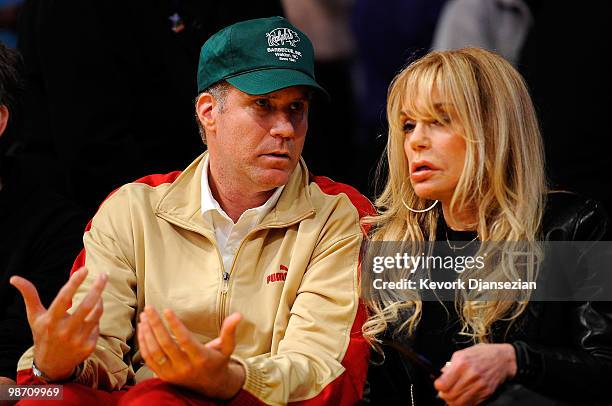 Actor Will Ferrell and actress Dyan Cannon talk before the start of Game Two of the Western Conference Quarterfinals of the 2010 NBA Playoffs between...