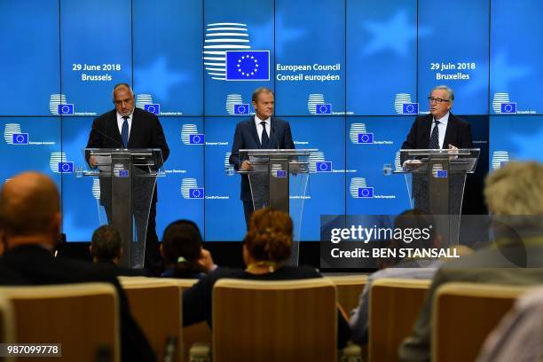 Bulgaria's Prime Minister Boyko Borisov , European Council President Donald Tusk and President of the European Commission Jean-Claude Juncker give a...