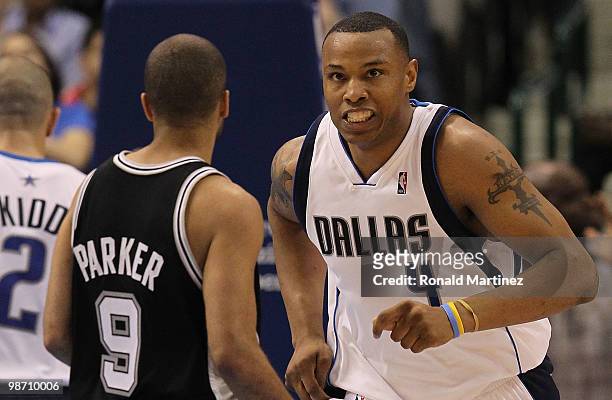 Forward Caron Butler of the Dallas Mavericks reacts during play against the San Antonio Spurs in Game Five of the Western Conference Quarterfinals...