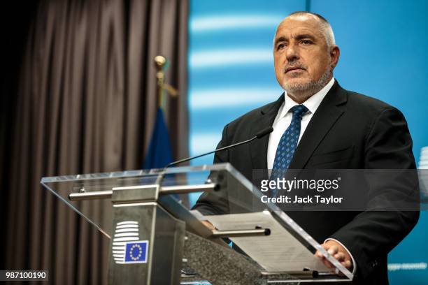 Bulgaria's Prime Minister Boyko Borisov looks on as he gives a joint press conference with the President of the European Commission and the President...