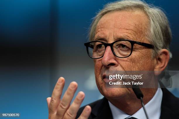 President of the European Commission Jean-Claude Juncker speaks as he gives a joint press conference with the European Council President and...