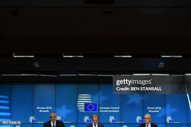 Bulgaria's Prime Minister Boyko Borisov , European Council President Donald Tusk and President of the European Commission Jean-Claude Juncker give a...