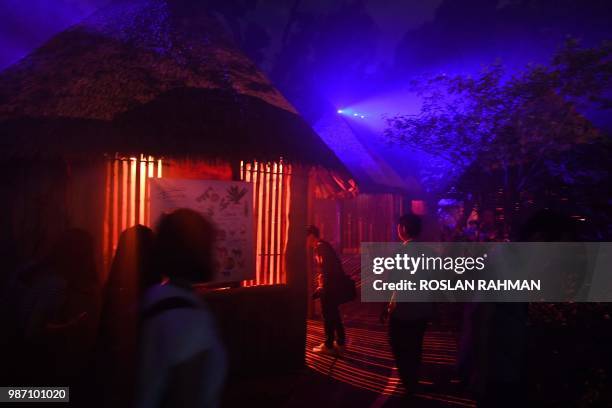 Visitors walk through an illuminated path of the newly launched Rainforest Lumina section at the zoo in Singapore on June 29, 2018. - Rainforest...