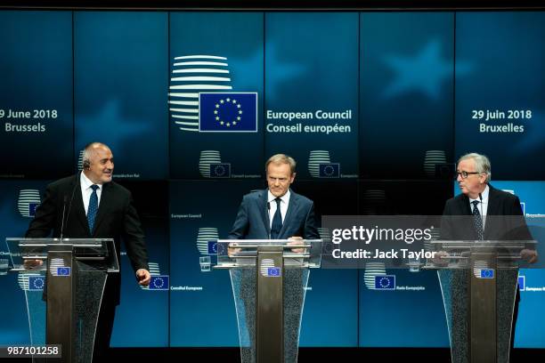 Bulgaria's Prime Minister Boyko Borisov, European Council President Donald Tusk and President of the European Commission Jean-Claude Juncker give a...