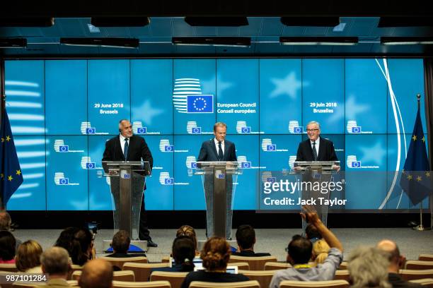 Bulgaria's Prime Minister Boyko Borisov, European Council President Donald Tusk and President of the European Commission Jean-Claude Juncker give a...