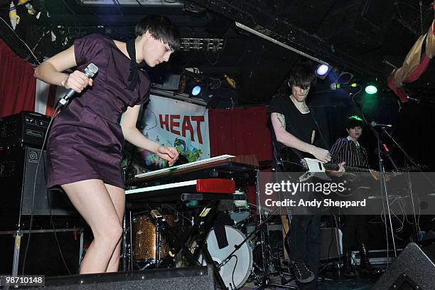 Camille Berthomier, Nicolas Conge and Maud-Elisa Mandau of French Lo-fi indie rock band John & Jehn perform on stage at Madame Jojo's on April 27,...