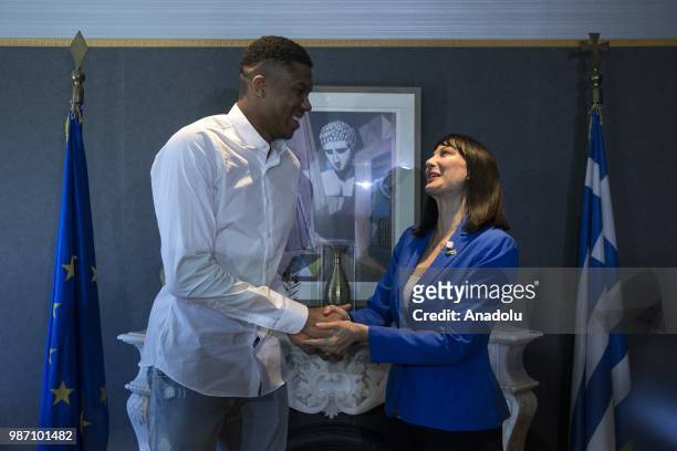 Greek NBA player Giannis Antetokounmpo and Tourism Minister of Greece Elena Kountoura attend a press conference to present a new ad campaign...