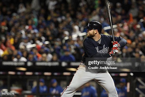 Brian McCann of the Atlanta Braves bats against the New York Mets on April 25, 2010 at Citi Field in the Flushing neighborhood of the Queens borough...