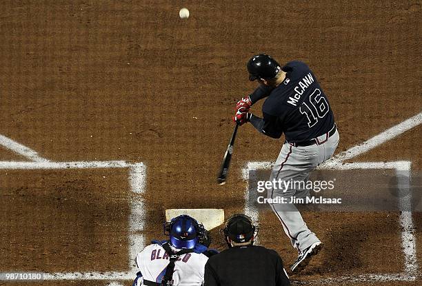 Brian McCann of the Atlanta Braves bats against the New York Mets on April 25, 2010 at Citi Field in the Flushing neighborhood of the Queens borough...