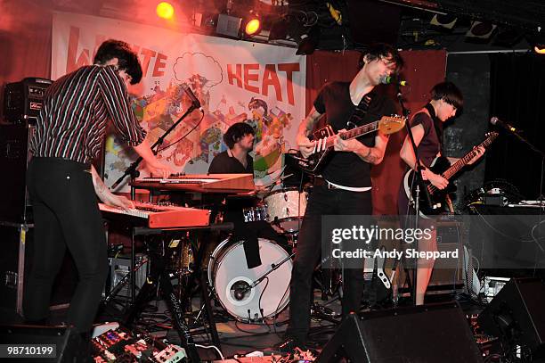 Camille Berthomier, Raphael Mura, Nicolas Conge and Maud-Elisa Mandau of French Lo-fi indie rock band John & Jehn perform on stage at Madame Jojo's...