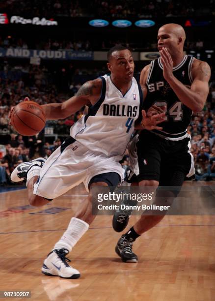 Caron Butler of the Dallas Mavericks drives against Richard Jefferson of the San Antonio Spurs in Game Five of the Western Conference Quarterfinals...