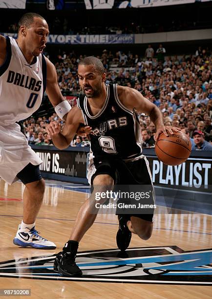 Tony Parker of the San Antonio Spurs drives against Shawn Marion of the Dallas Mavericks in Game Five of the Western Conference Quarterfinals during...