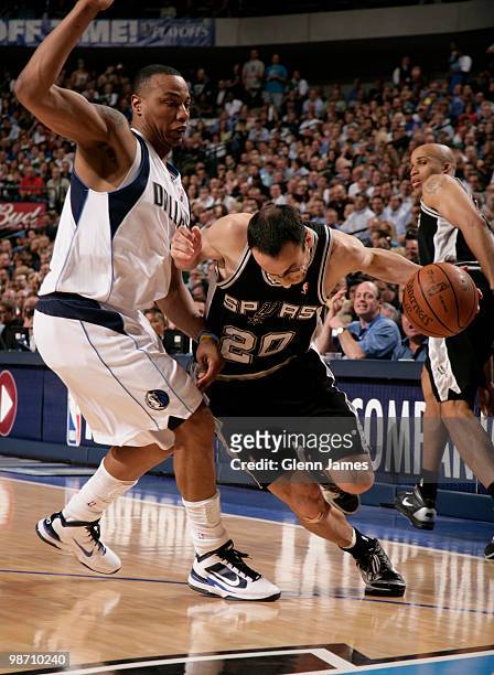 Manu Ginobili of the San Antonio Spurs drives against Caron Butler of the Dallas Mavericks in Game Five of the Western Conference Quarterfinals...