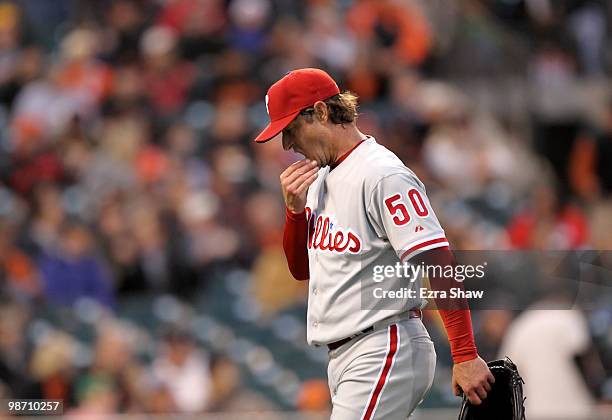 Jamie Moyer of the Philadelphia Phillies walks off the field after the second inning in their game against the San Francisco Giants at AT&T Park on...