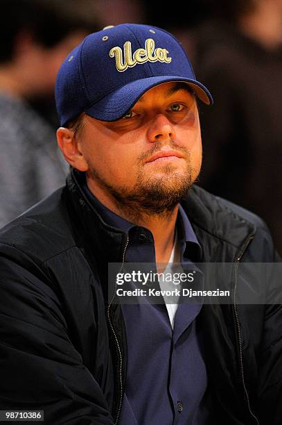 Actor Leonardo DiCaprio looks on during Game Two of the Western Conference Quarterfinals of the 2010 NBA Playoffs between the Los Angeles Lakers and...
