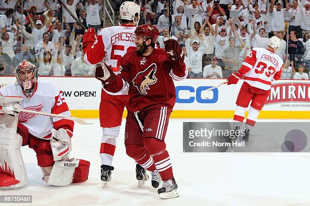 Lee Stempniak of the Phoenix Coyotes celebrates after a goal against Jimmy Howard of the Detroit Red Wings in Game Seven of the Western Conference...