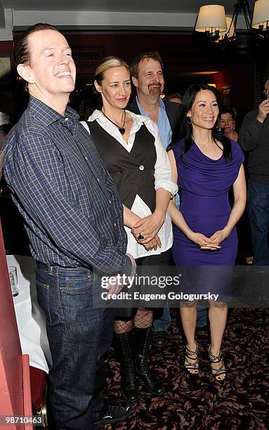 Dylan Baker, Janet McTeer, Jeff Daniels and Lucy Liu attend the "God Of Carnage" cast caricature unveiling at Sardi's on April 27, 2010 in New York...