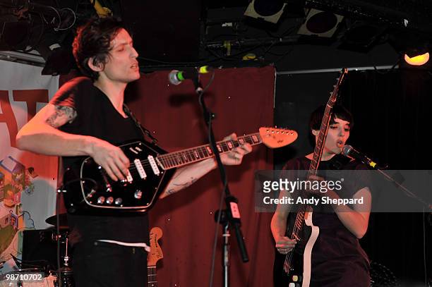 Nicolas Conge and Camille Berthomier of French Lo-fi indie rock band John & Jehn perform on stage at Madame Jojo's on April 27, 2010 in London,...