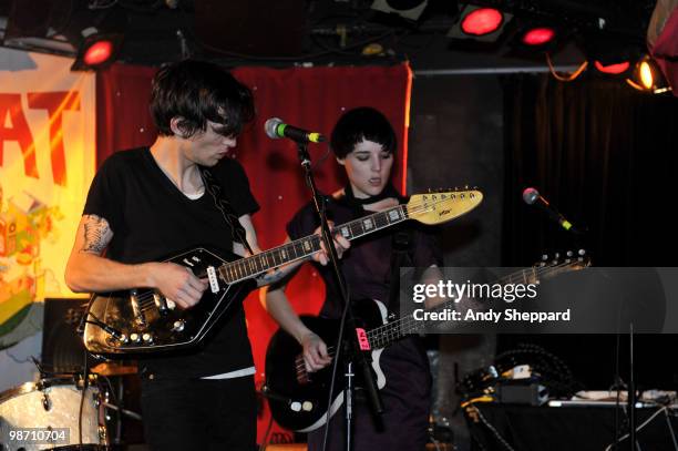 Nicolas Conge and Camille Berthomier of French Lo-fi indie rock band John & Jehn perform on stage at Madame Jojo's on April 27, 2010 in London,...