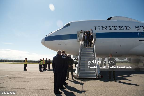 Secretary of Defense James N Mattis, Sen Dan Sullivan and members of the Senate Armed Services Committee arriving in Fairbanks, Alaska, June 24,...