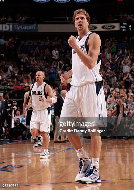 Dirk Nowitzki of the Dallas Mavericks celebrates a win against the San Antonio Spurs in Game Five of the Western Conference Quarterfinals during the...