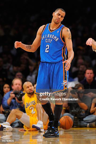 Thabo Sefolosha of the Oklahoma City Thunder reacts in the second quarter while taking on the Los Angeles Lakers during Game Two of the Western...