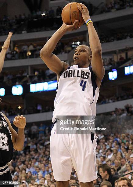 Forward Caron Butler of the Dallas Mavericks takes a shot against the San Antonio Spurs in Game Five of the Western Conference Quarterfinals during...